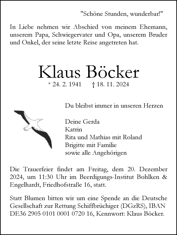 Traueranzeige von Klaus Böcker von WESER-KURIER