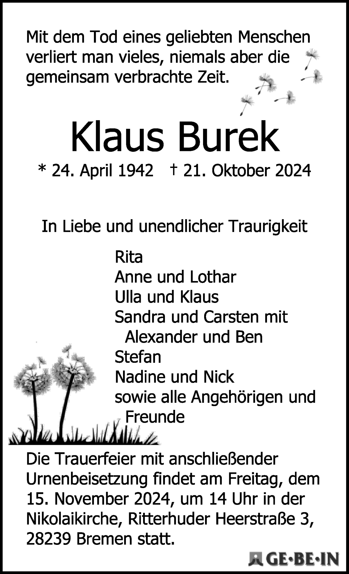 Traueranzeige von Klaus Burek von WESER-KURIER