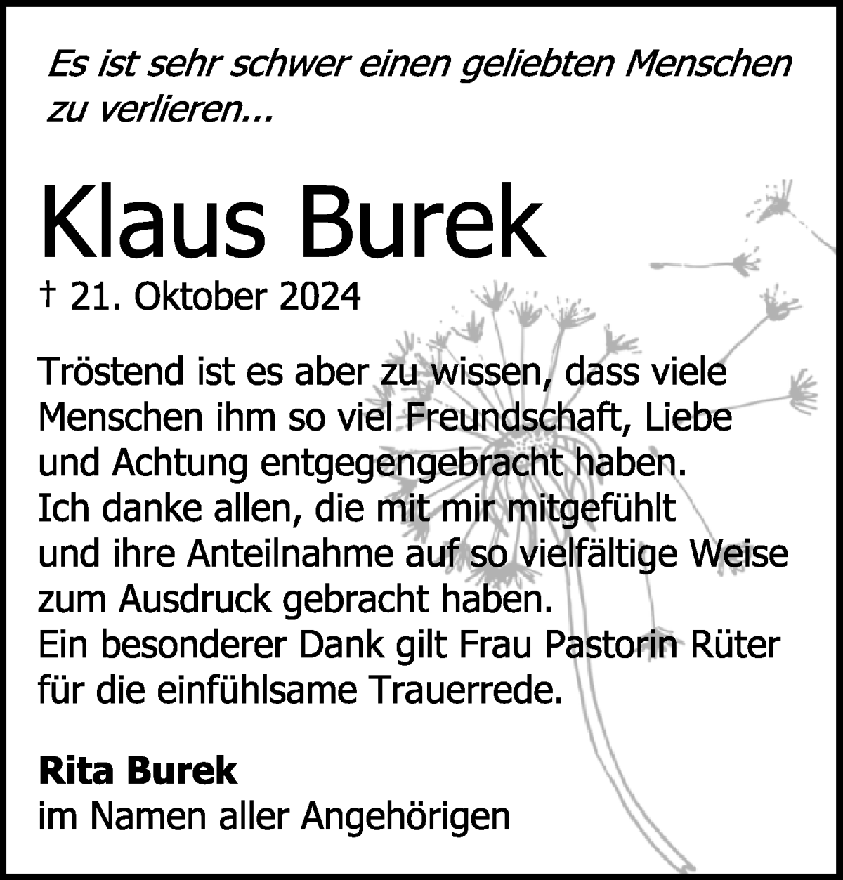 Traueranzeige von Klaus Burek von WESER-KURIER