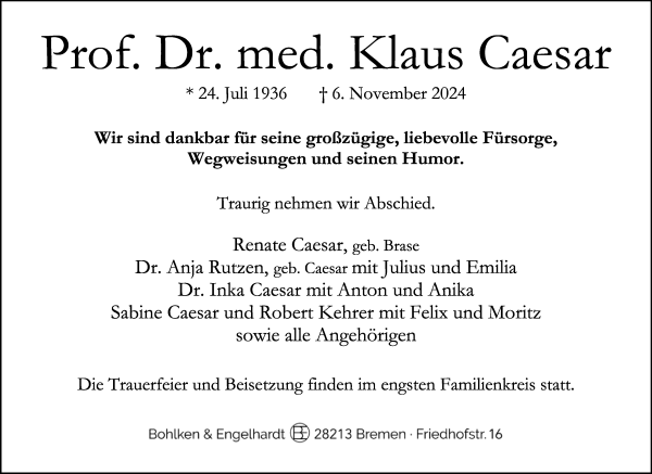 Traueranzeige von Klaus Caesar von WESER-KURIER