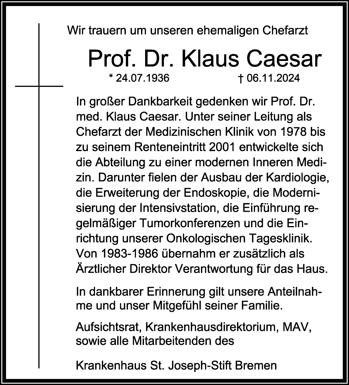 Traueranzeige von Klaus Caesar von WESER-KURIER