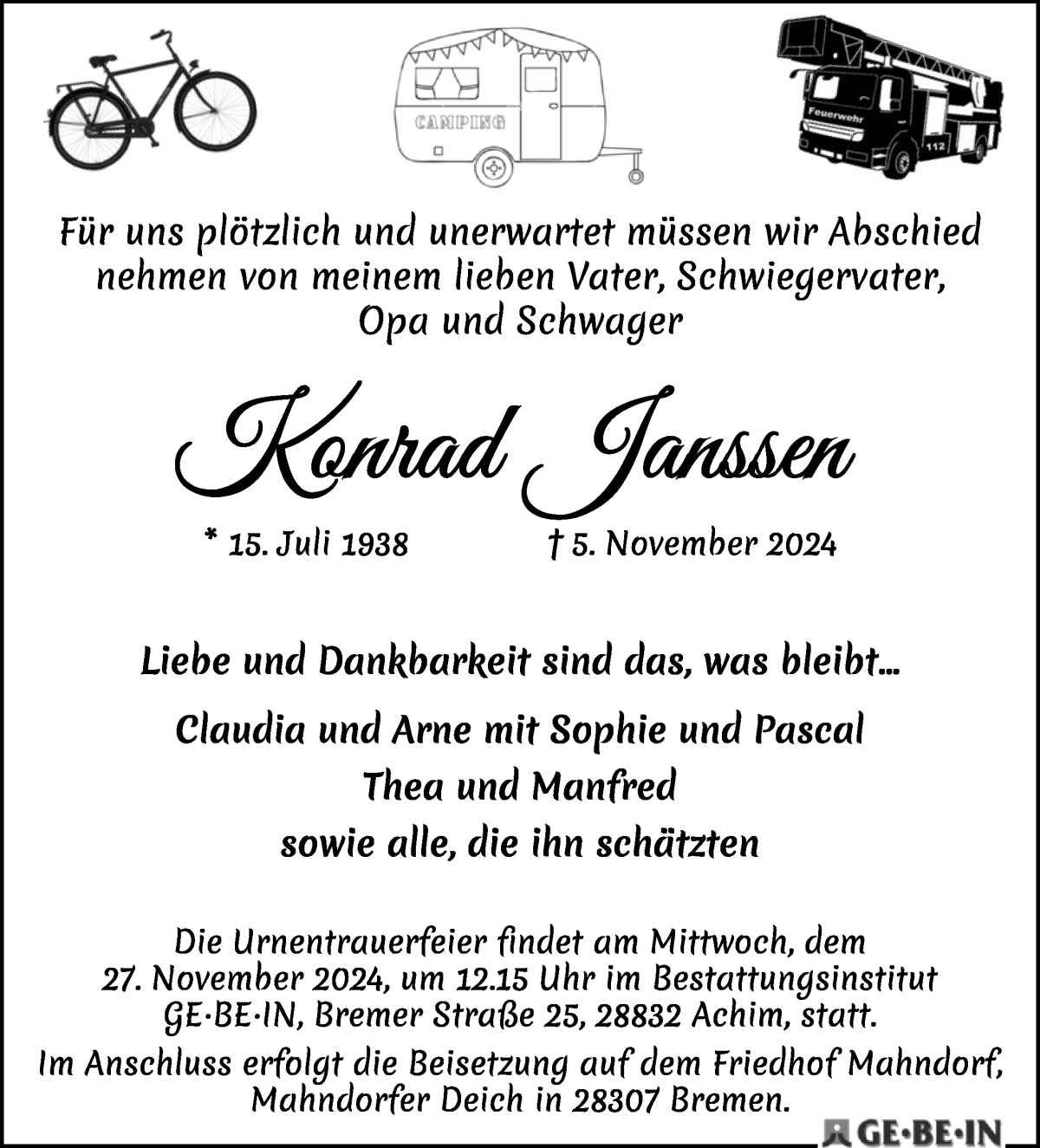 Traueranzeige von Konrad Janssen von WESER-KURIER