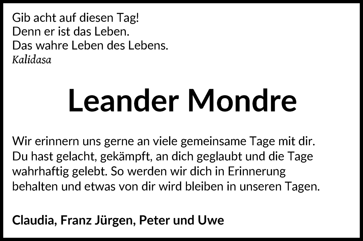 Traueranzeige von Leander Mondre von WESER-KURIER