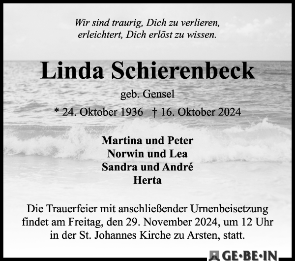 Traueranzeige von Linda Schierenbeck von WESER-KURIER