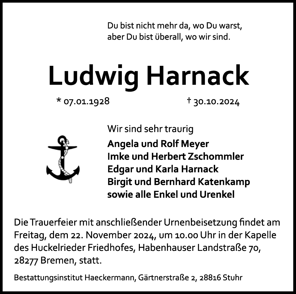 Traueranzeige von Ludwig Harnack von WESER-KURIER