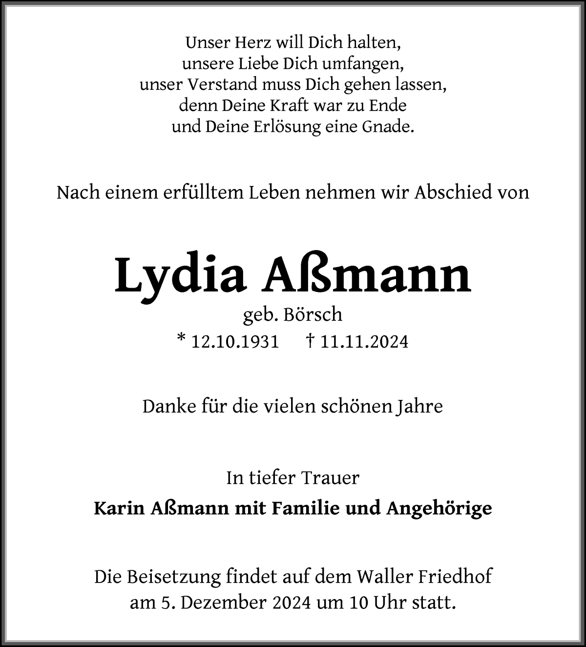 Traueranzeige von Lydia Aßmann von WESER-KURIER