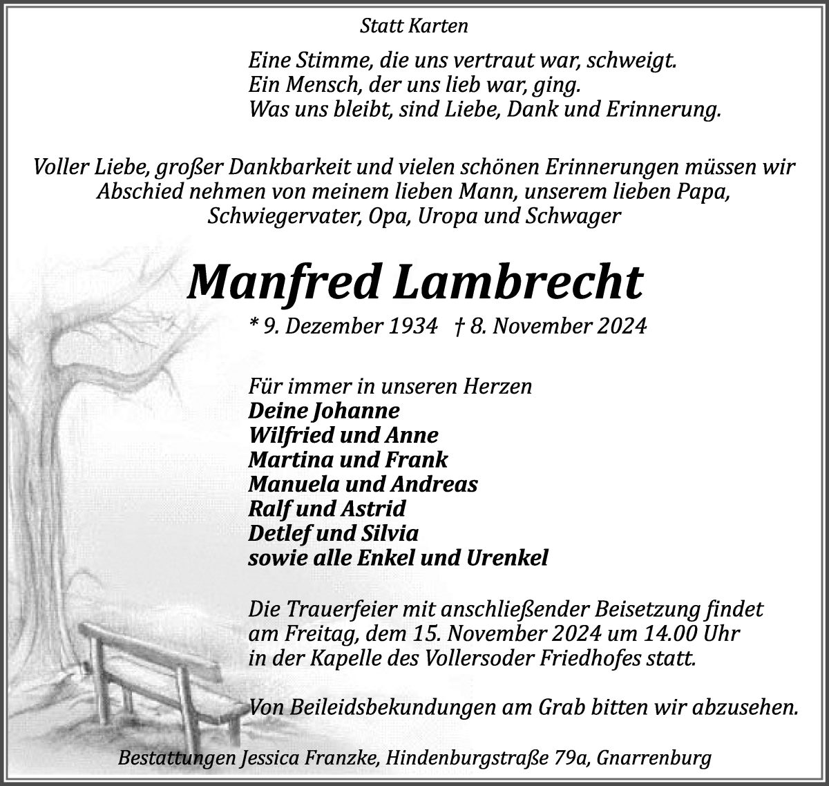 Traueranzeige von Manfred Lambrecht von Osterholzer Kreisblatt