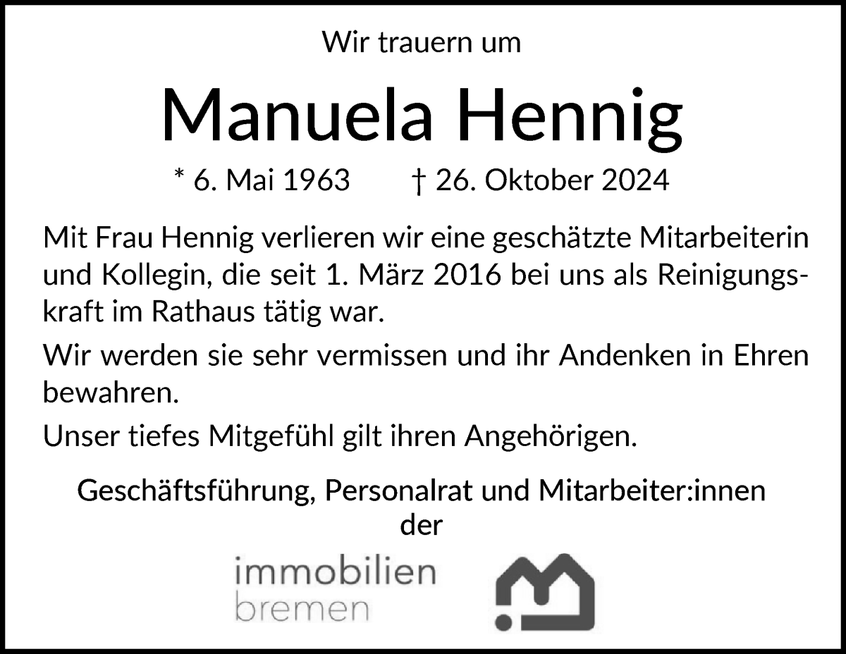 Traueranzeige von Manuela Hennig von WESER-KURIER