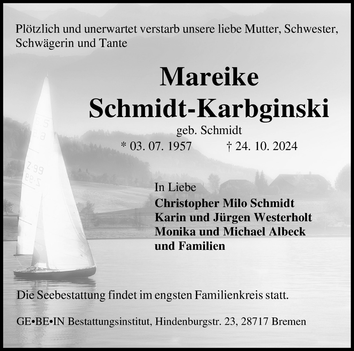 Traueranzeige von Mareike Schmidt-Karbginski von Osterholzer Kreisblatt