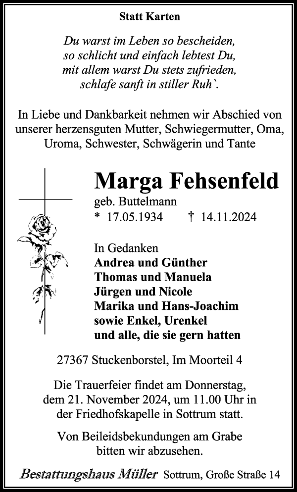 Traueranzeige von Marga Fehsenfeld von WESER-KURIER