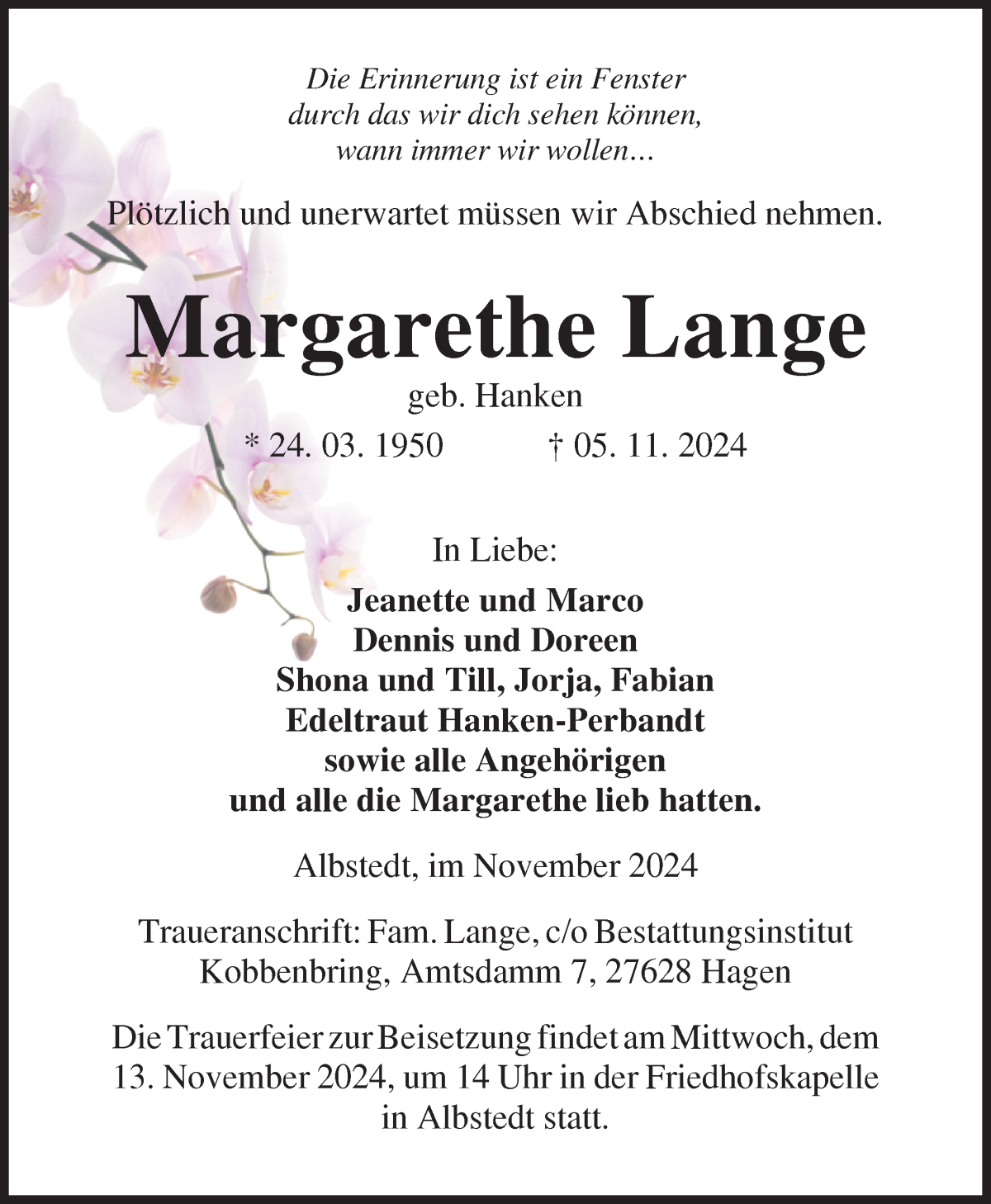 Traueranzeige von Margarethe Lange von Osterholzer Kreisblatt