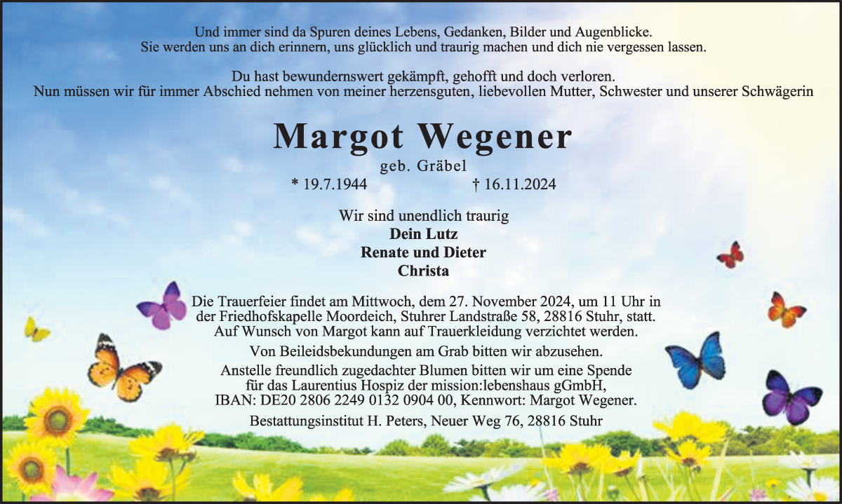 Traueranzeige von Margot Wegener von WESER-KURIER