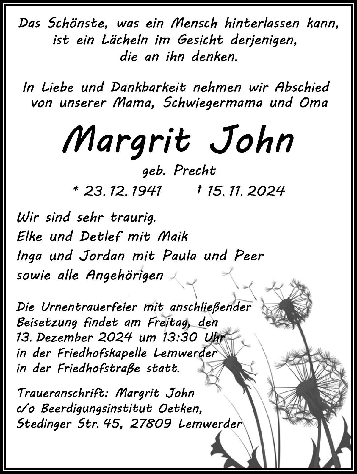 Traueranzeige von Margrit John von Die Norddeutsche