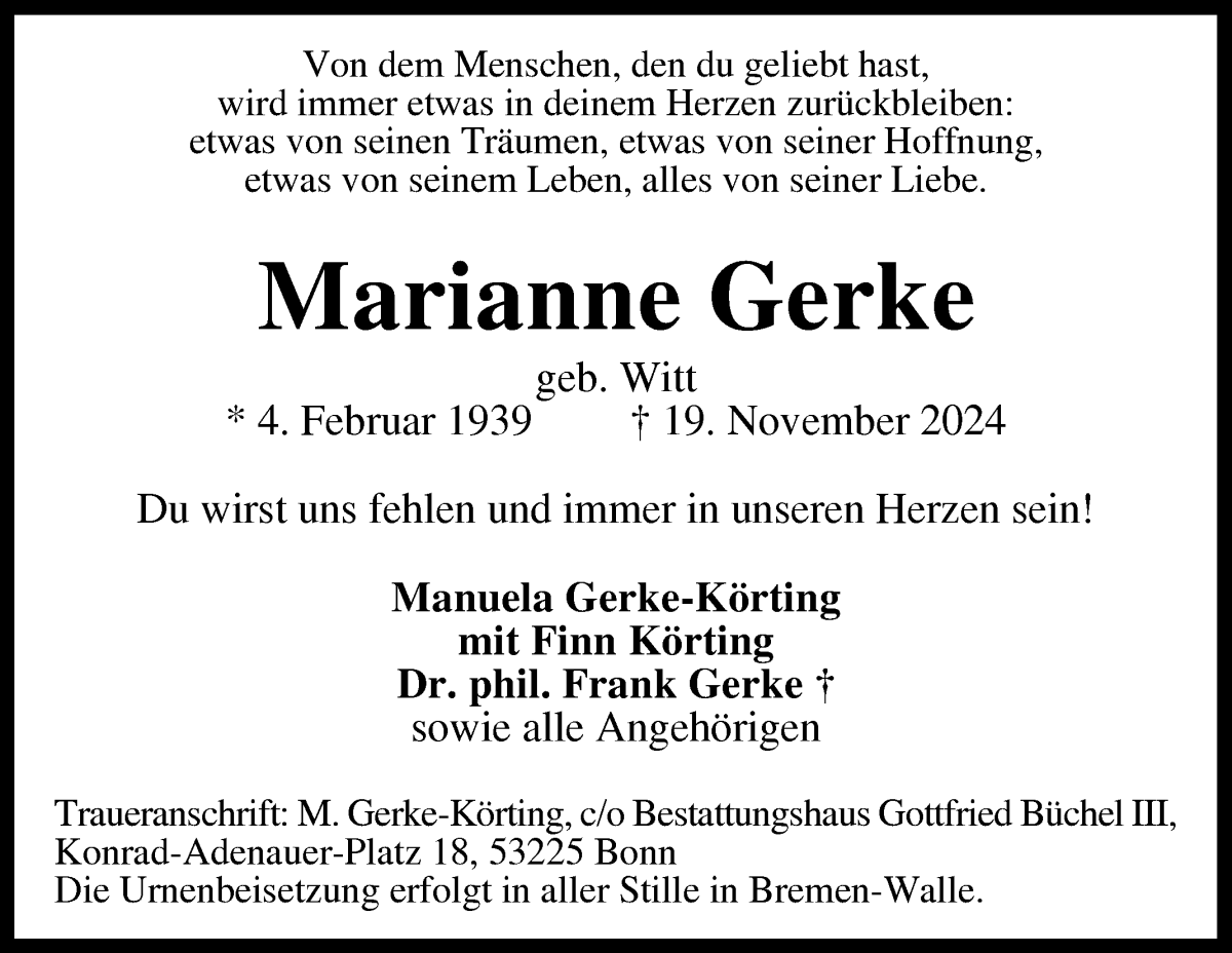 Traueranzeige von Marianne Gerke von WESER-KURIER