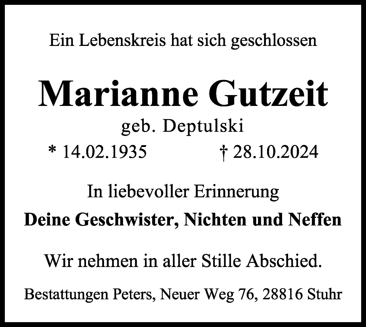 Traueranzeige von Marianne Gutzeit von WESER-KURIER