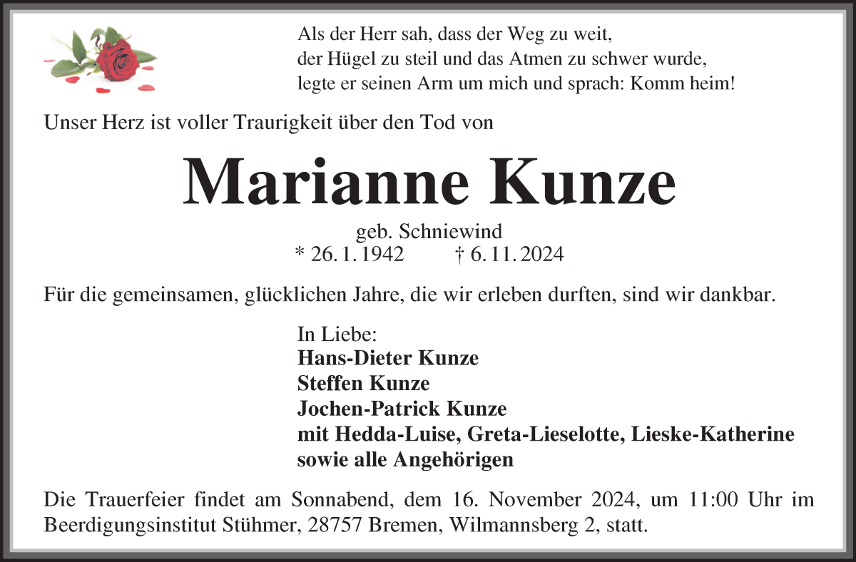 Traueranzeige von Marianne Kunze von WESER-KURIER