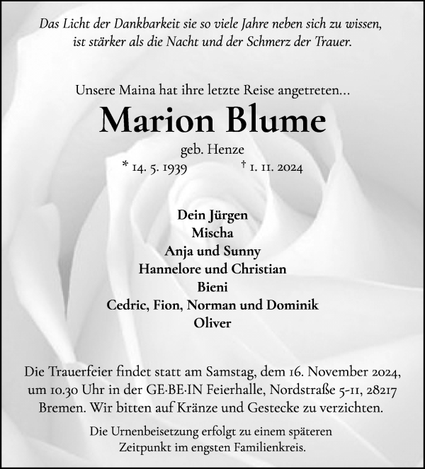 Traueranzeige von Marion Blume von WESER-KURIER