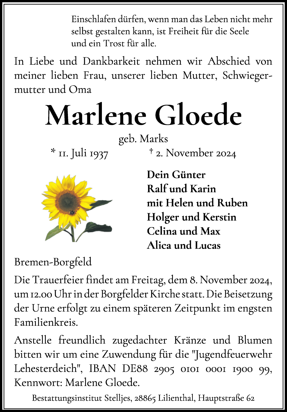 Traueranzeige von Marlene Gloede von WESER-KURIER