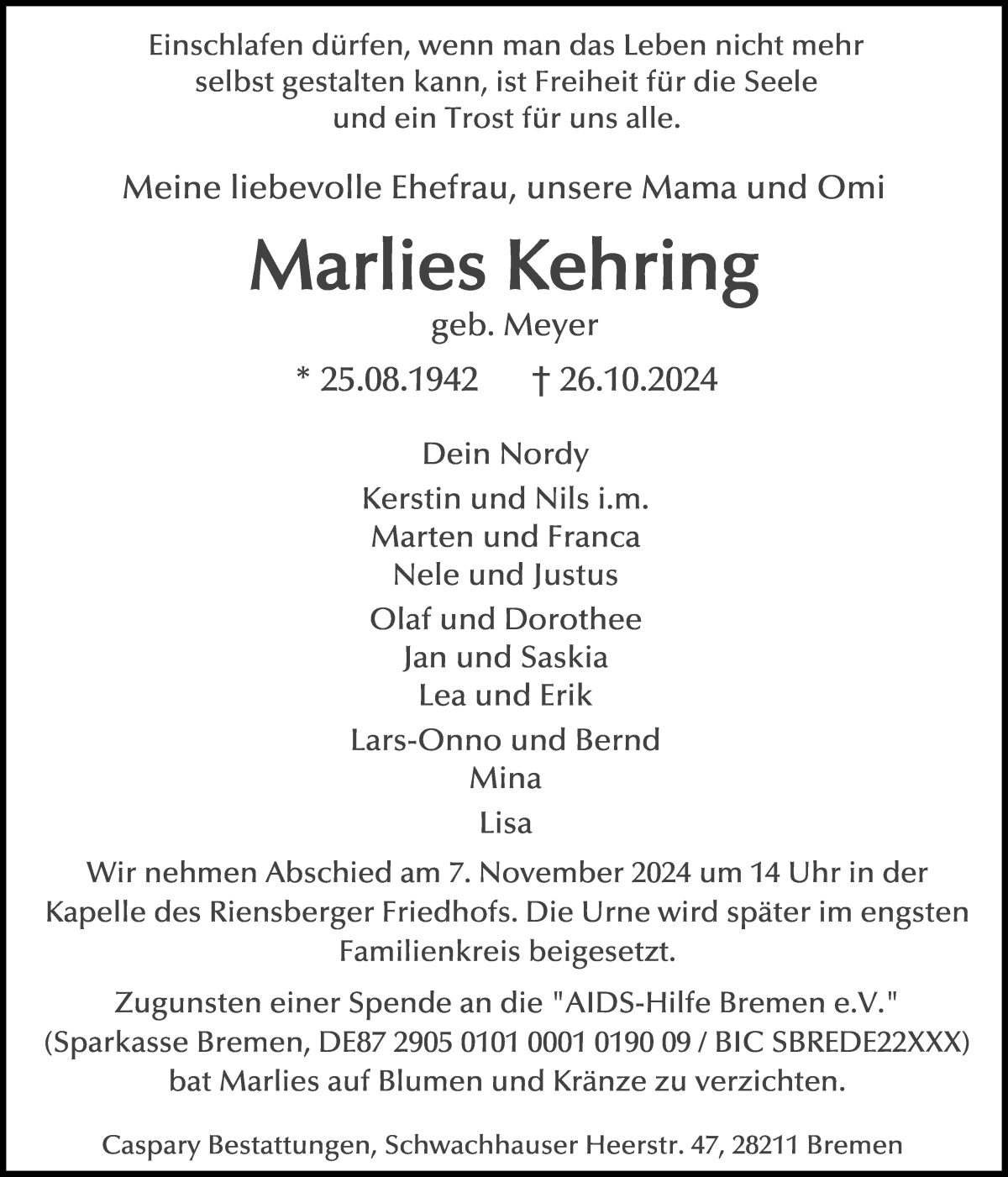 Traueranzeige von Marlies Kehring von Die Norddeutsche