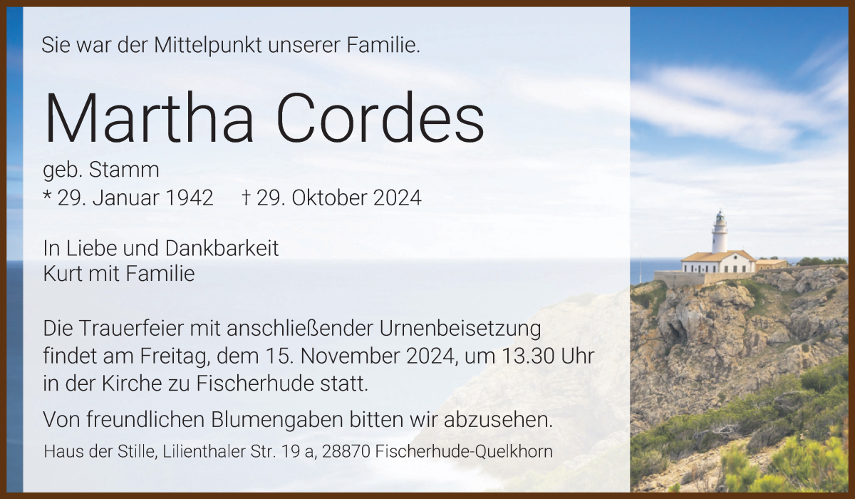 Traueranzeige von Martha Cordes von Achimer Kurier/Verdener Nachrichten