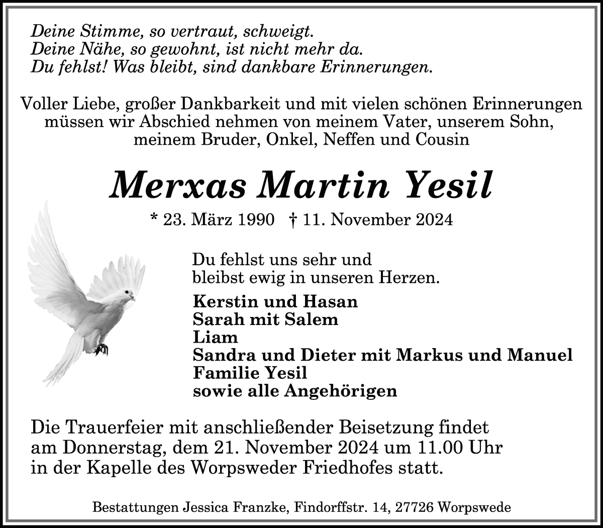 Traueranzeige von Merxas  Yesil von Wuemme Zeitung