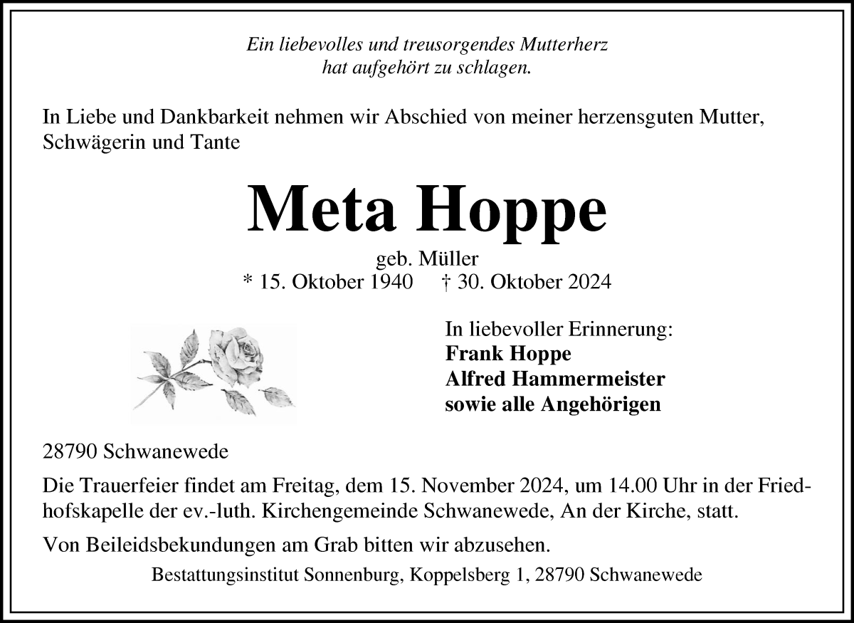 Traueranzeige von Meta Hoppe von Die Norddeutsche