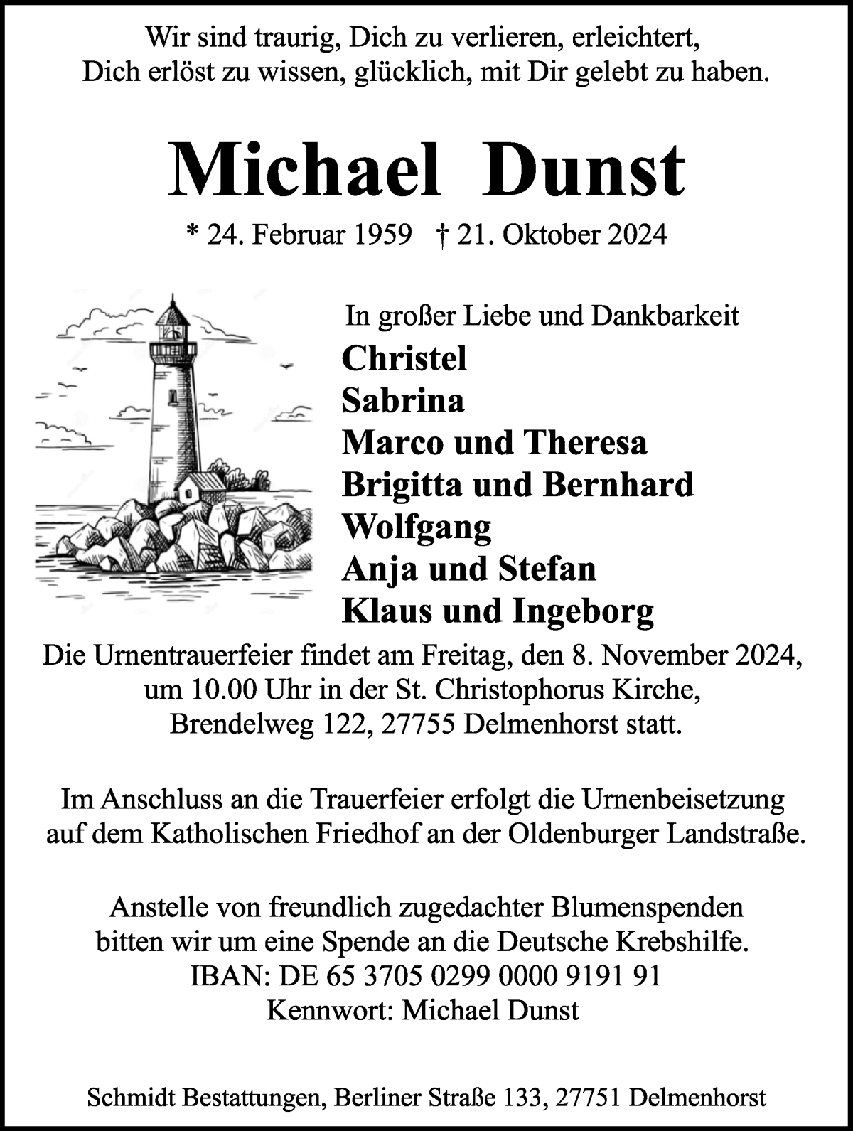 Traueranzeige von Michael Dunst von WESER-KURIER