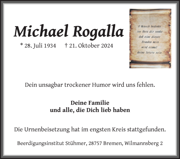 Traueranzeige von Michael Rogalla von Die Norddeutsche