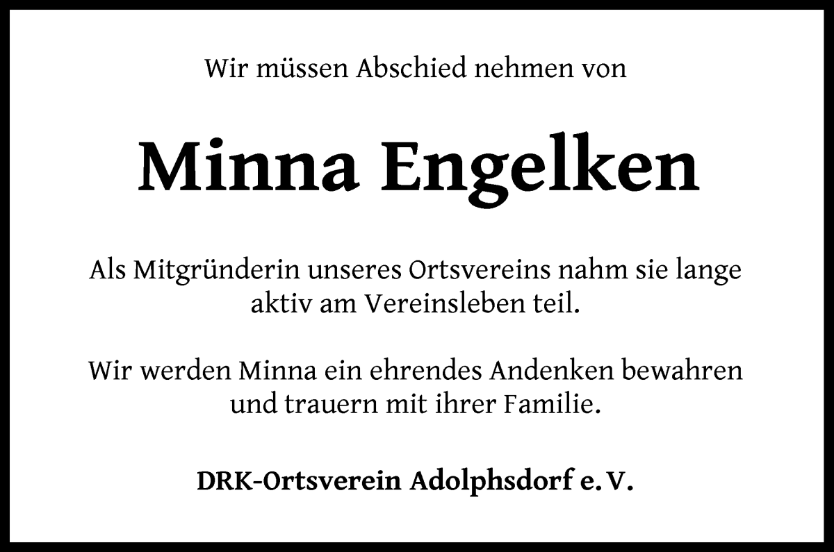 Traueranzeige von Minna Engelken von Wuemme Zeitung