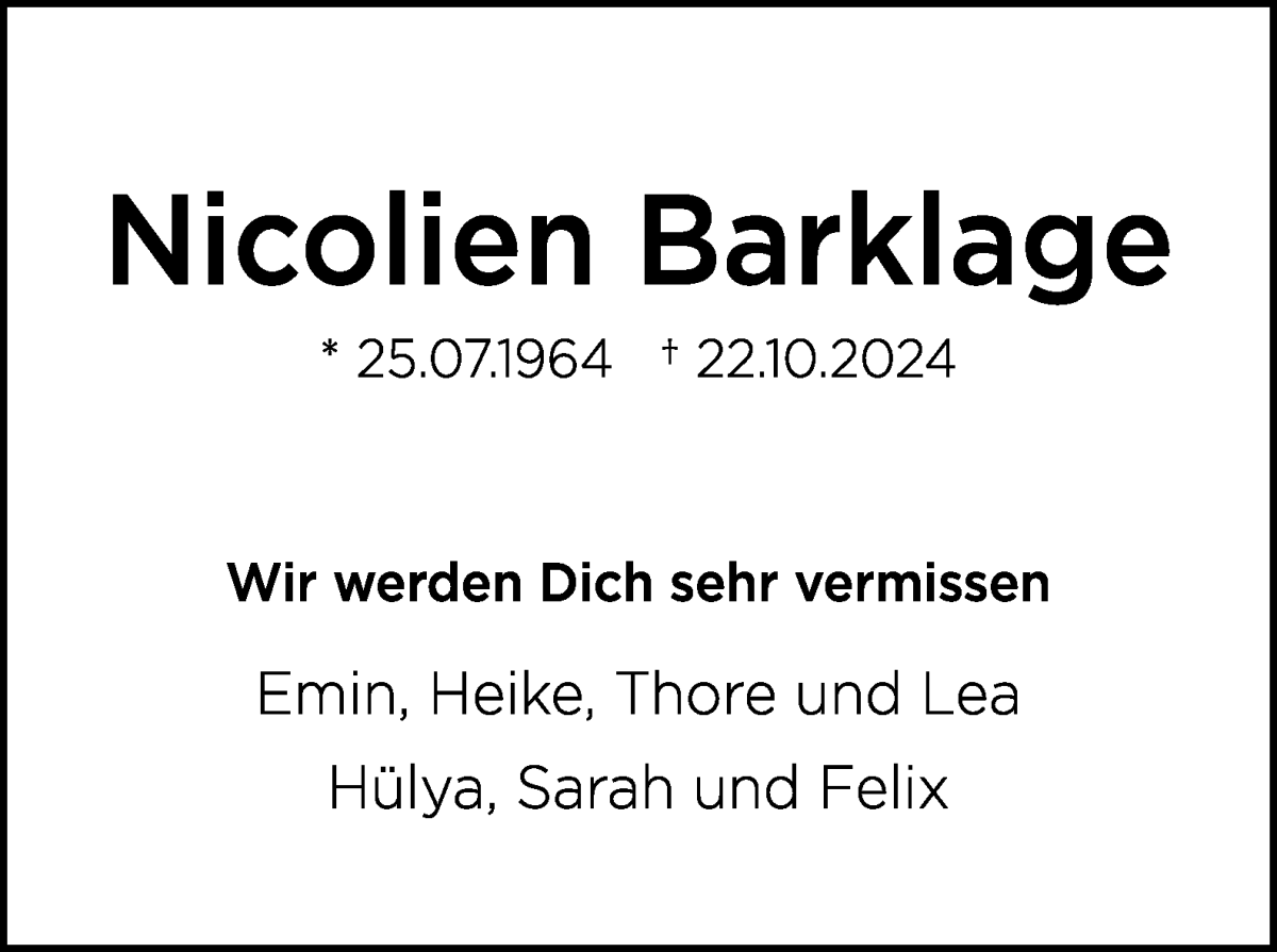 Traueranzeige von Nicolien Barklage von WESER-KURIER