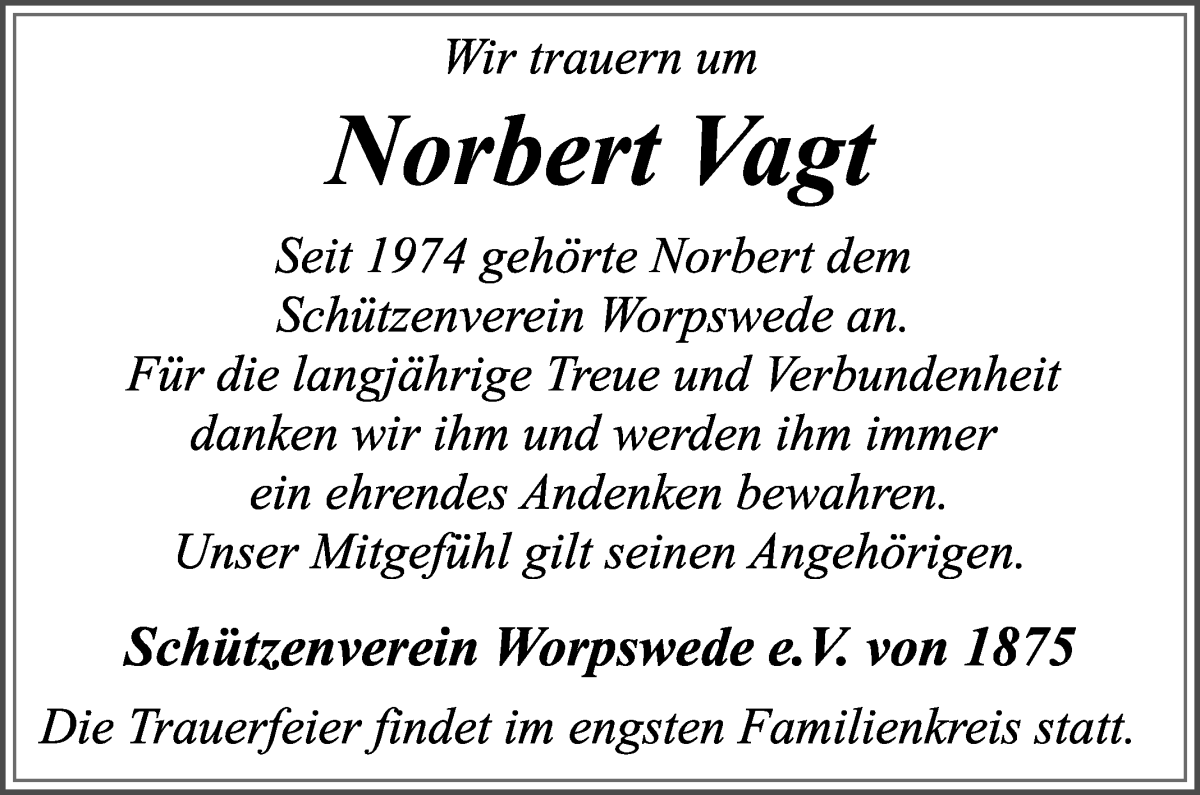 Traueranzeige von Norbert Vagt von Wuemme Zeitung