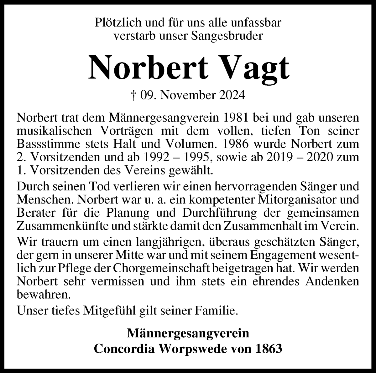 Traueranzeige von Norbert Vagt von Wuemme Zeitung