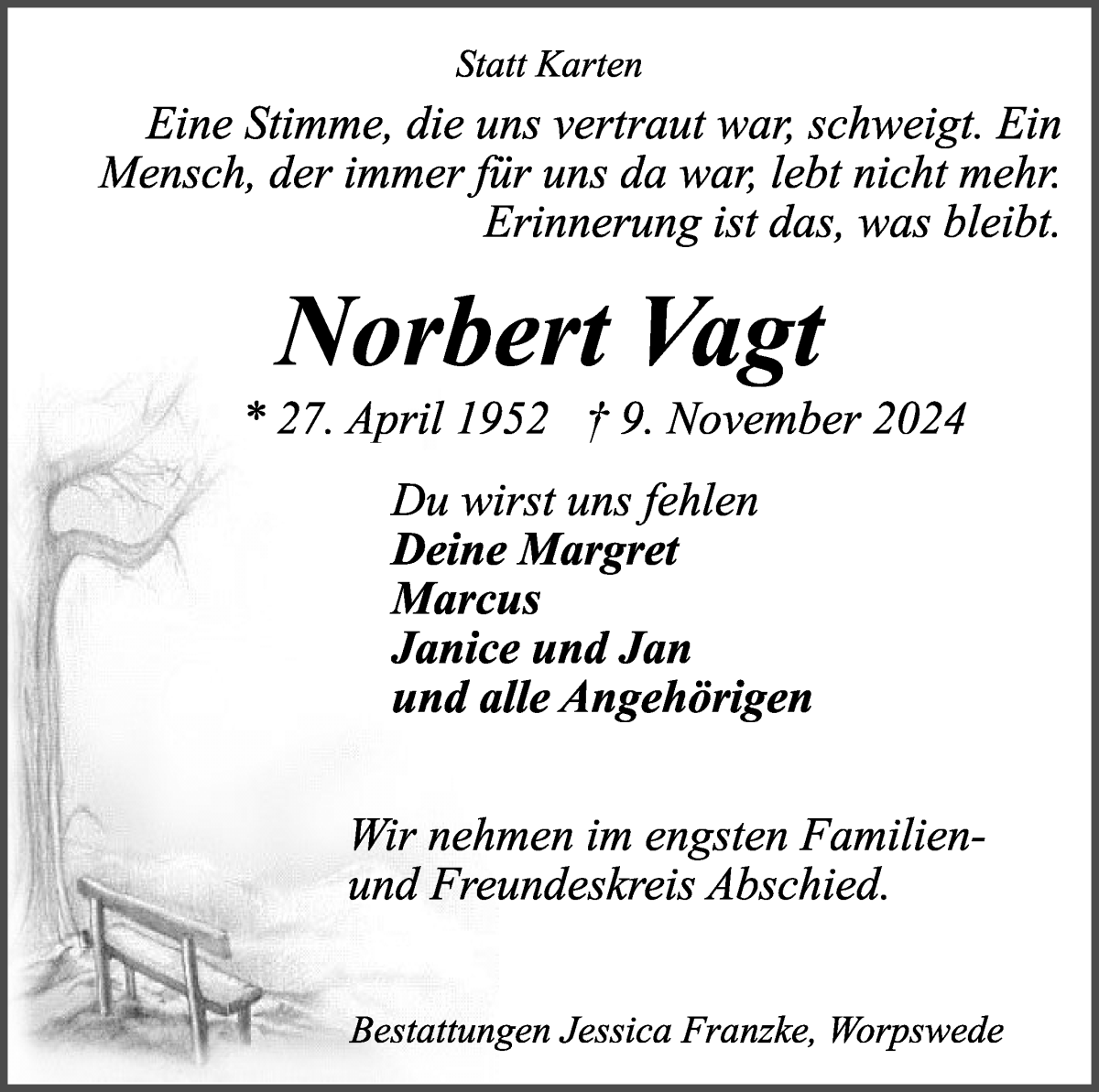 Traueranzeige von Norbert Vagt von Wuemme Zeitung