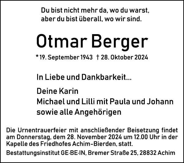 Traueranzeige von Otmar Berger von WESER-KURIER