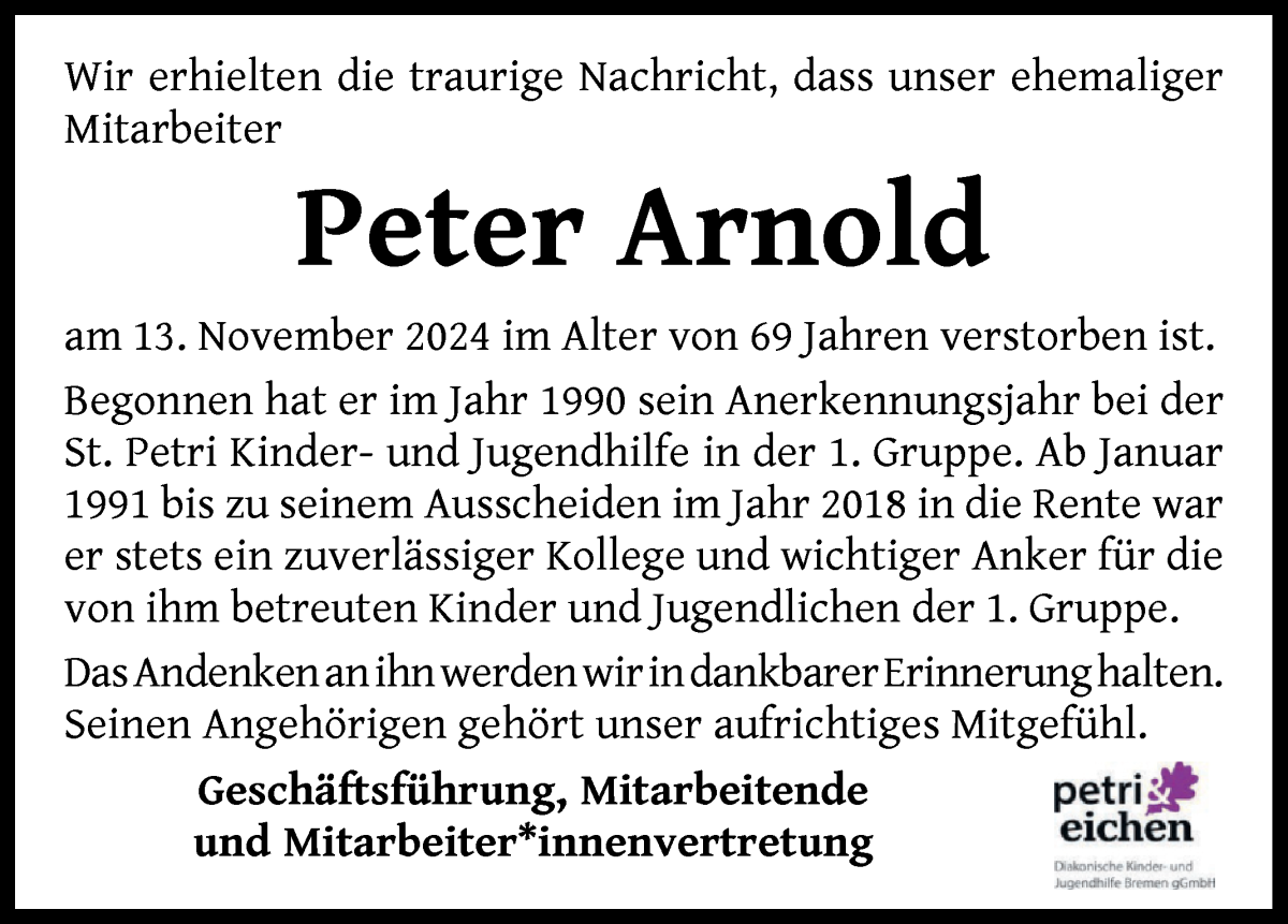 Traueranzeige von Peter Arnold von WESER-KURIER