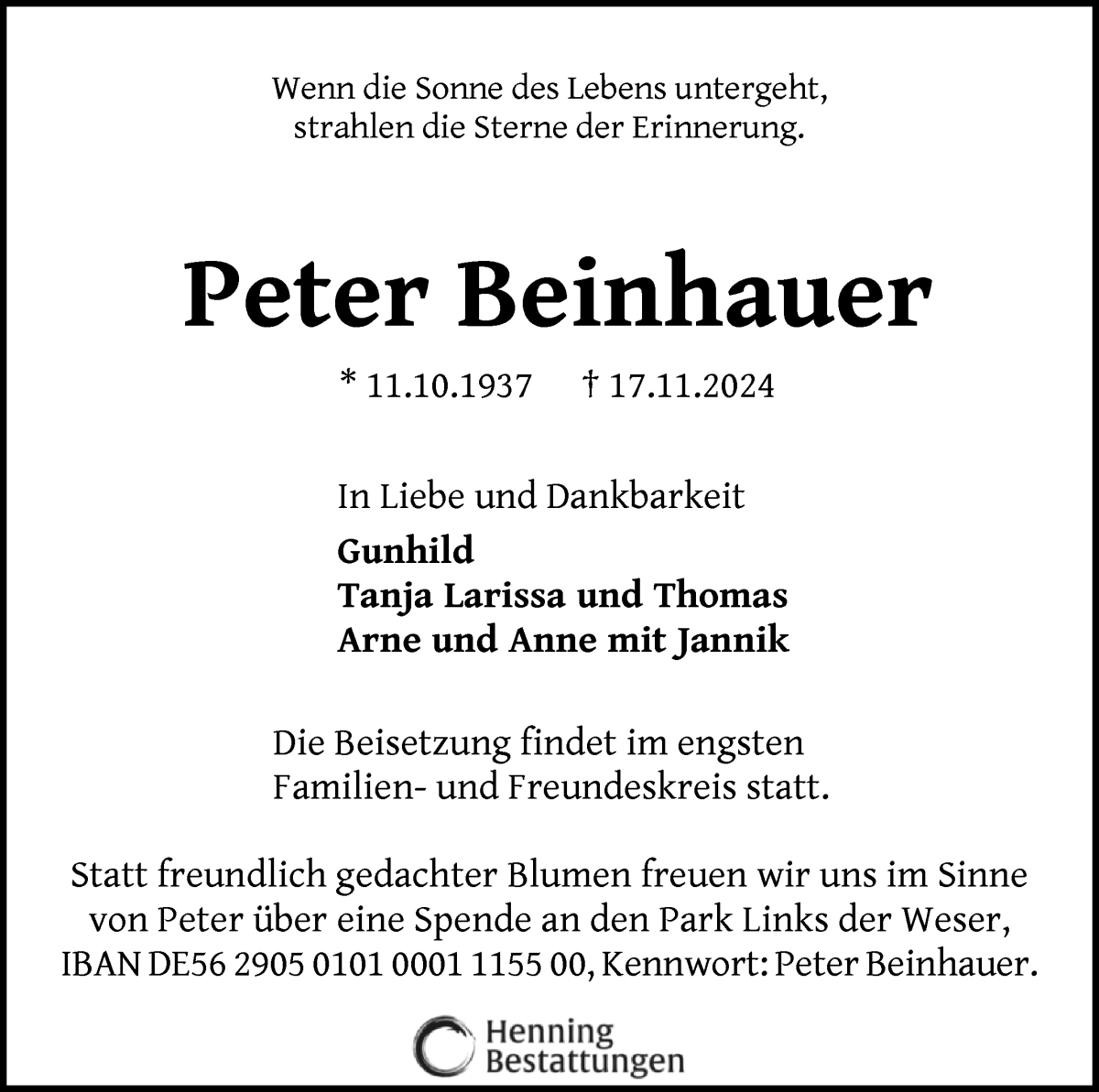 Traueranzeige von Peter Beinhauer von WESER-KURIER