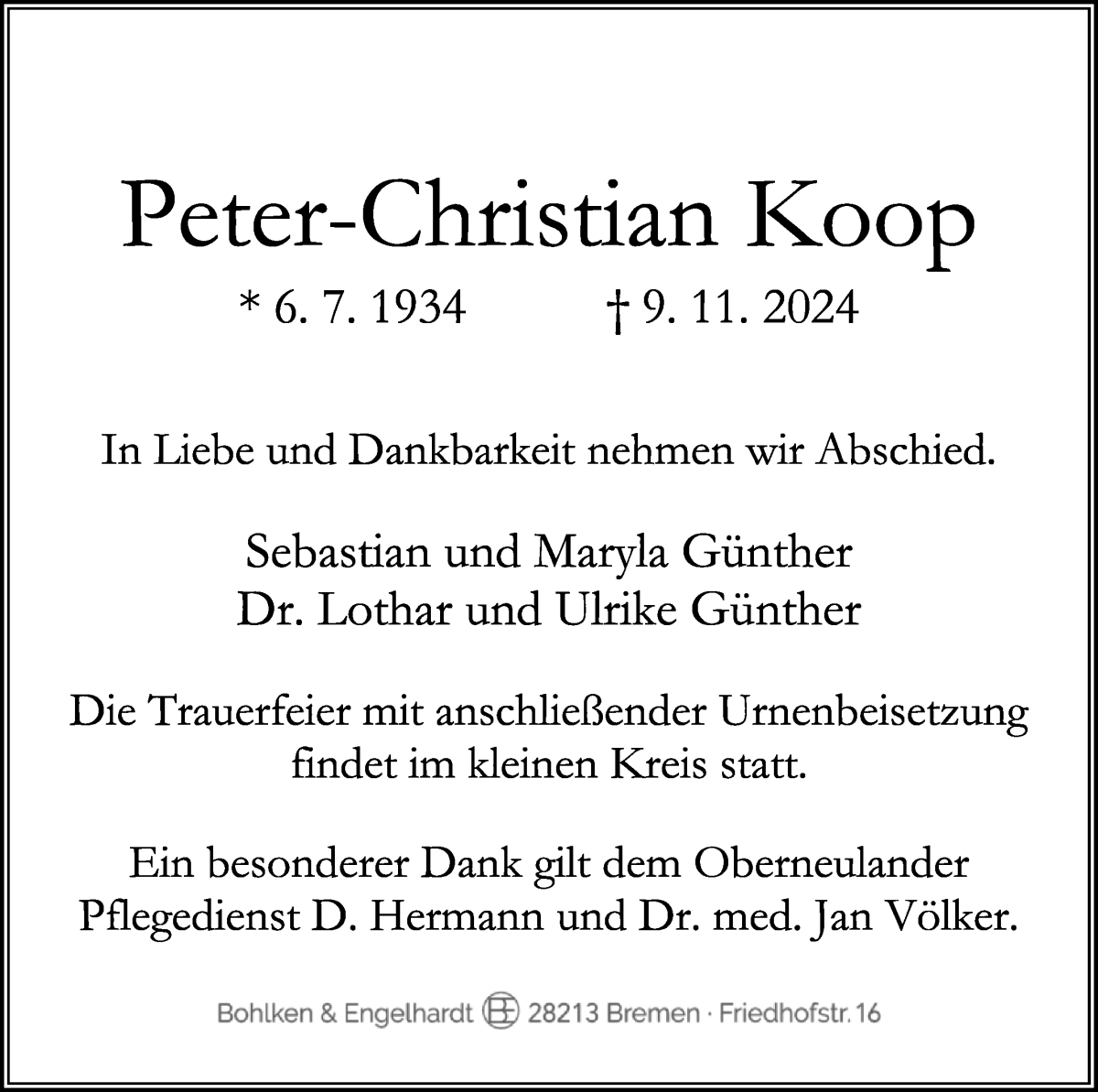 Traueranzeige von Peter-Christian Koop von WESER-KURIER