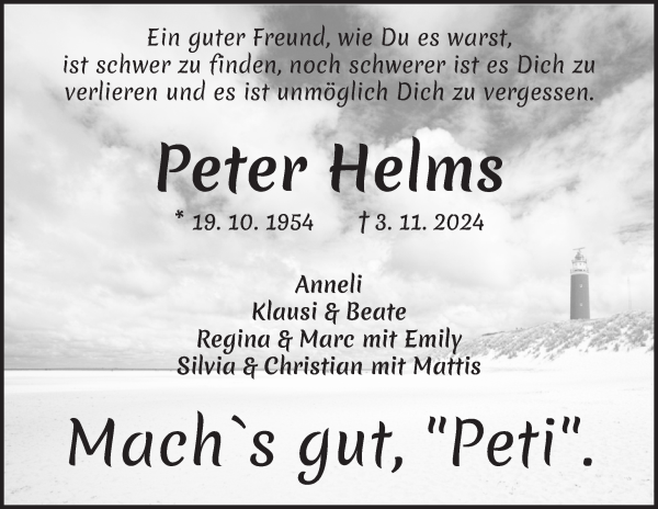 Traueranzeige von Peter Helms von Die Norddeutsche