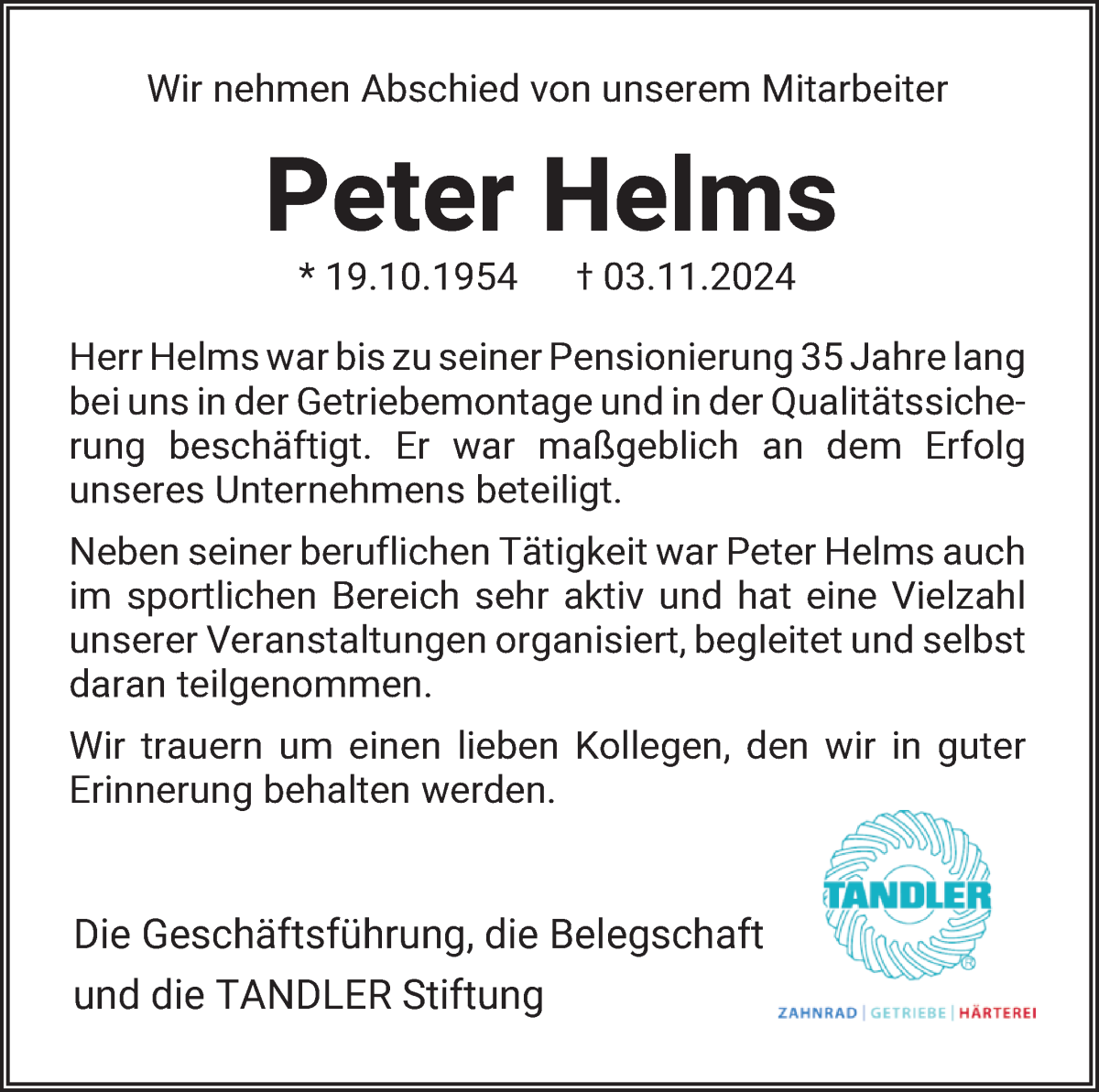 Traueranzeige von Peter Helms von WESER-KURIER