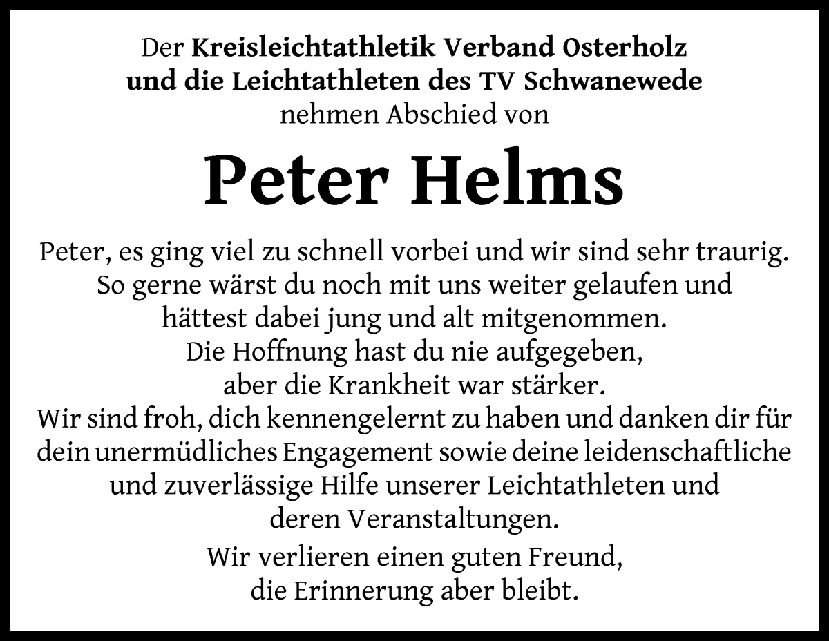 Traueranzeige von Peter Helms von Die Norddeutsche