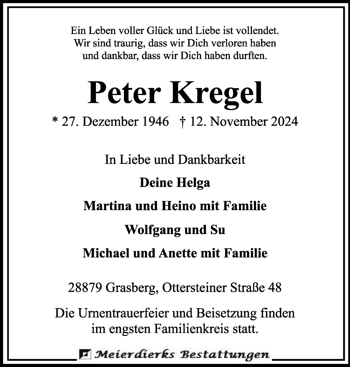 Traueranzeige von Peter Kregel von Wuemme Zeitung