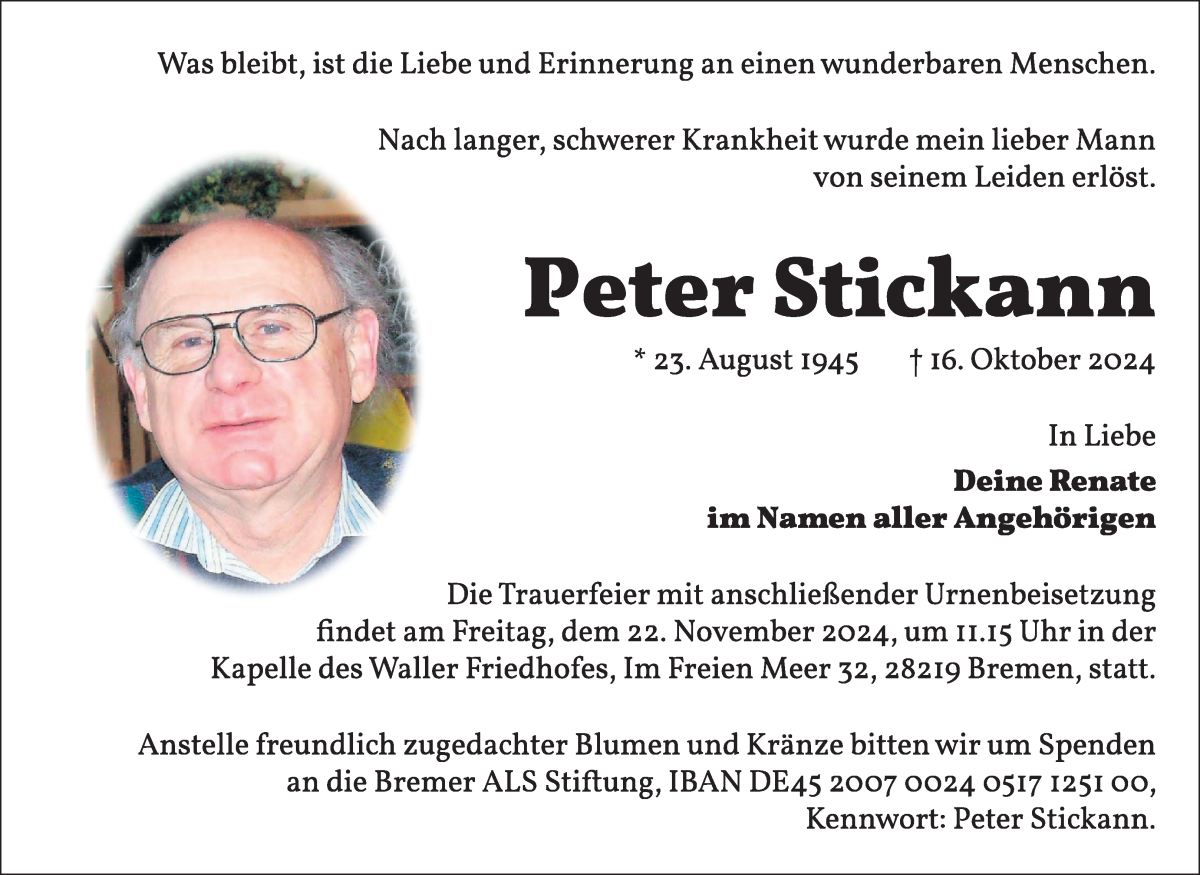 Traueranzeige von Peter Stickann von Die Norddeutsche