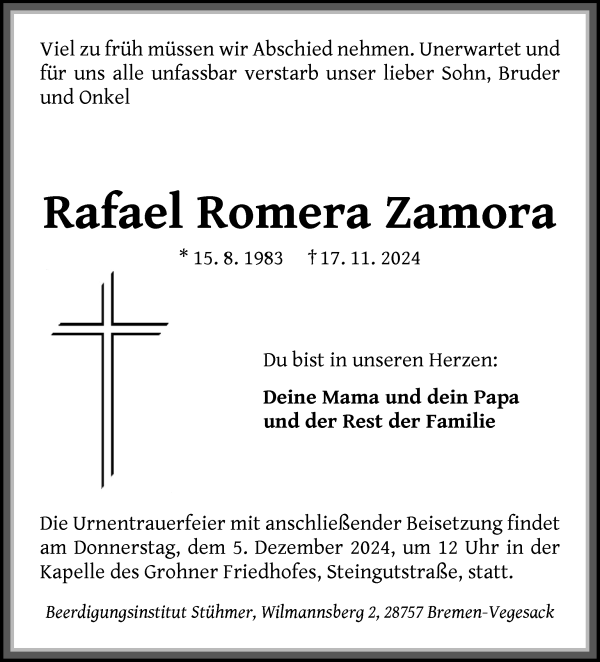 Traueranzeige von Rafael Romera Zamora von Die Norddeutsche