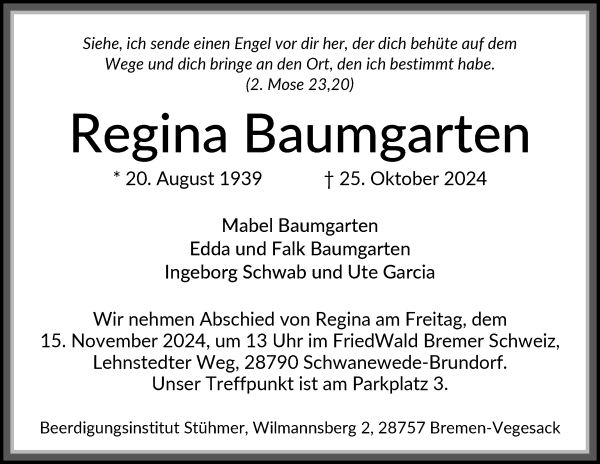 Traueranzeige von Regina Baumgarten von Die Norddeutsche