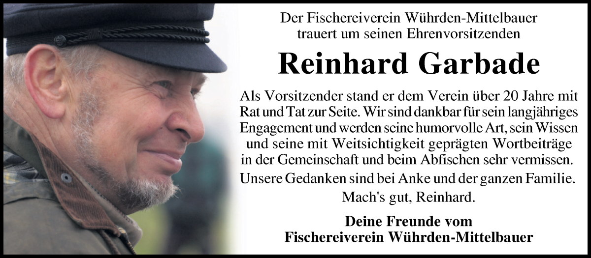 Traueranzeige von Reinhard Garbade von Wuemme Zeitung