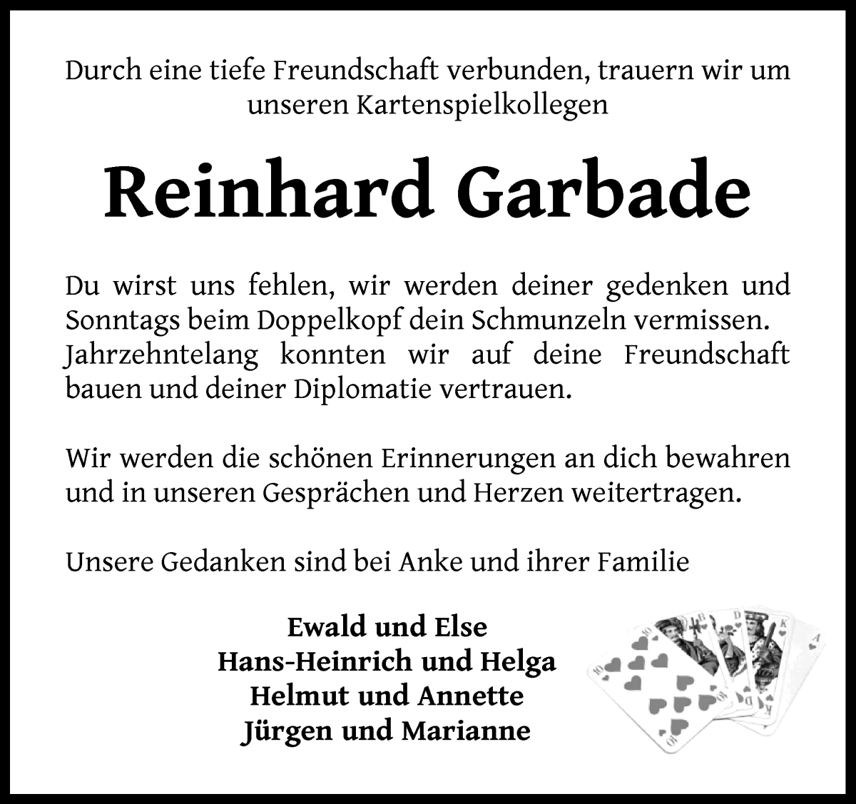 Traueranzeige von Reinhard Garbade von Wuemme Zeitung