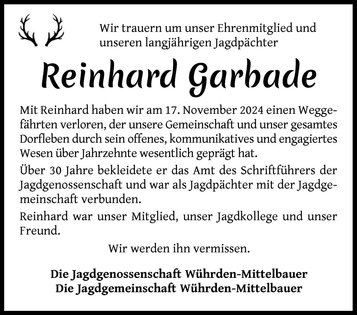 Traueranzeige von Reinhard Garbade von Wuemme Zeitung