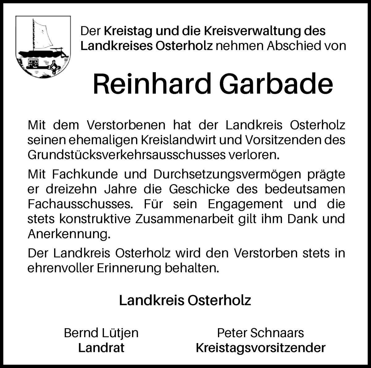 Traueranzeige von Reinhard Garbade von Osterholzer Kreisblatt