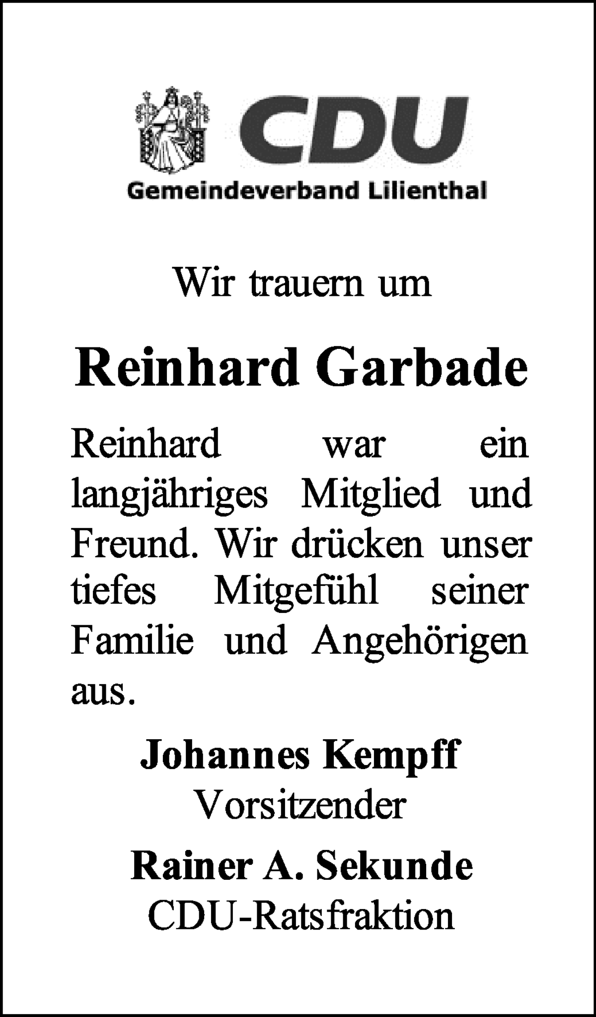 Traueranzeige von Reinhard Garbade von Wuemme Zeitung