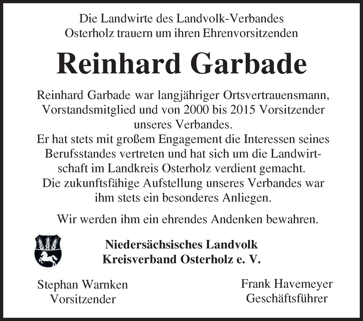 Traueranzeige von Reinhard Garbade von Osterholzer Kreisblatt